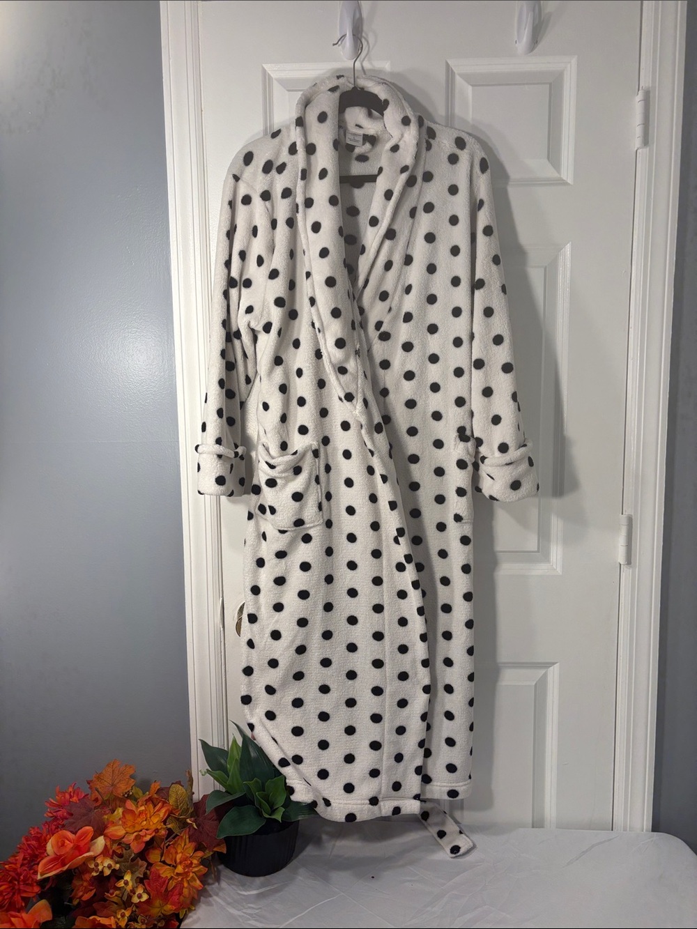 Plush Polka Dot Long Robe - White with Black Dots